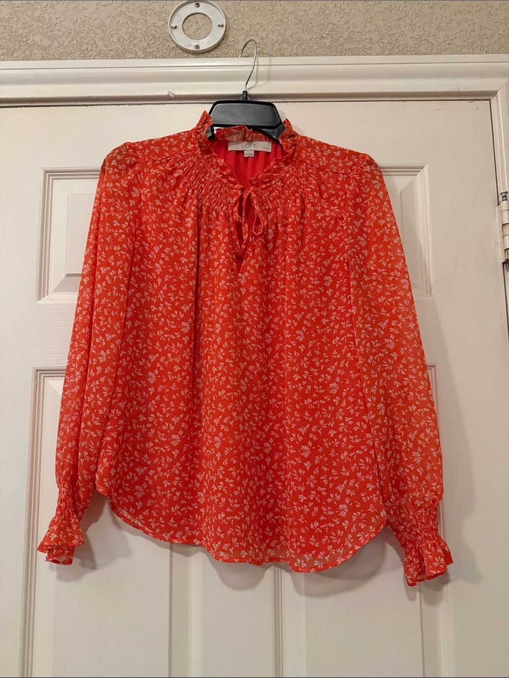 LOFT Bright Orange Floral Tie-Neck Ruffle Blouse